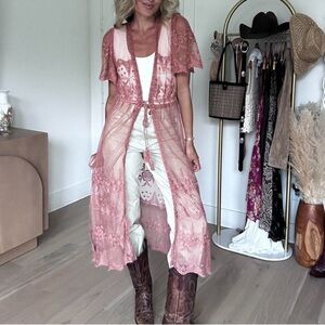 Liv Los Angeles Pink Lace Kimono Cardigan Duster Festival Ndw!
